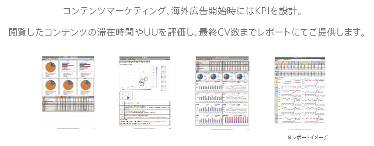 コンテンツマーケティング、海外広告開始時にはKPIを設計。閲覧したコンテンツの滞在時間やUUを評価し、最終CV数までレポートにてご提供します。